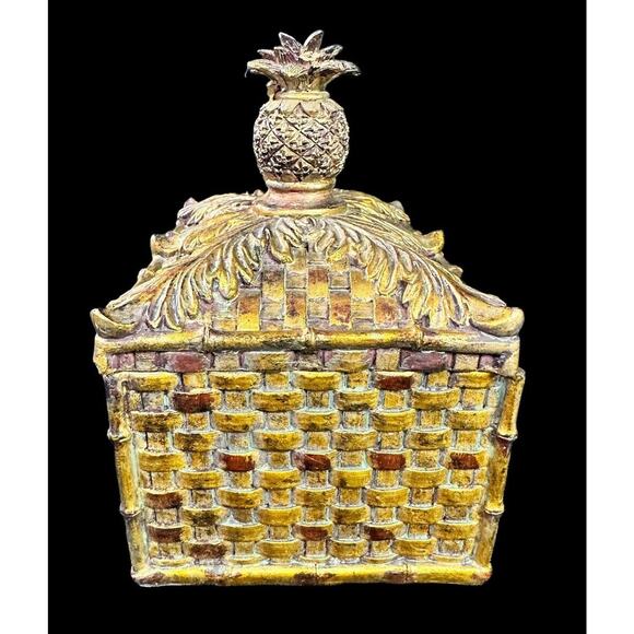 Ceramic Woven Gold Pineapple Top Knob Rectangle Jewelry Trinket Box 6” X 6” X 4” - Picture 8 of 10